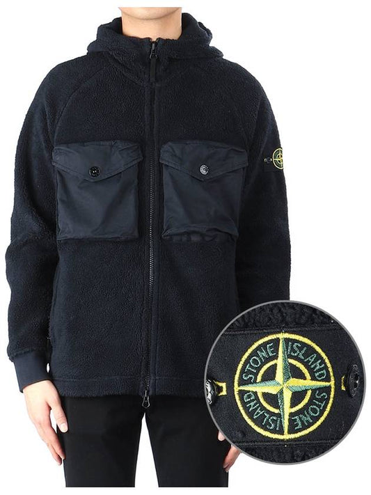 Men's Wappen Patch Shearling Hooded Jacket Navy - STONE ISLAND - BALAAN 2