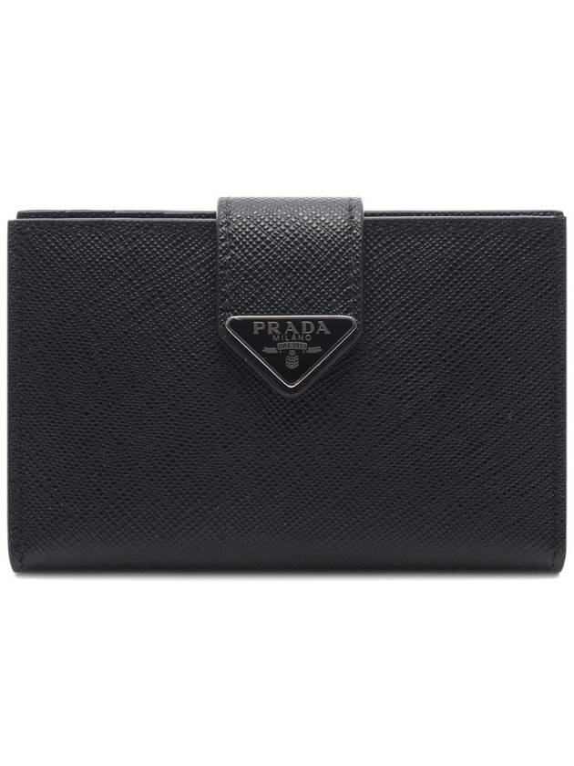 Triangle Logo Saffiano Flap Card Wallet Black - PRADA - BALAAN 2