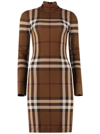 Women's Check Stretch Funnel Neck Midi Dress Brown - BURBERRY - BALAAN 2