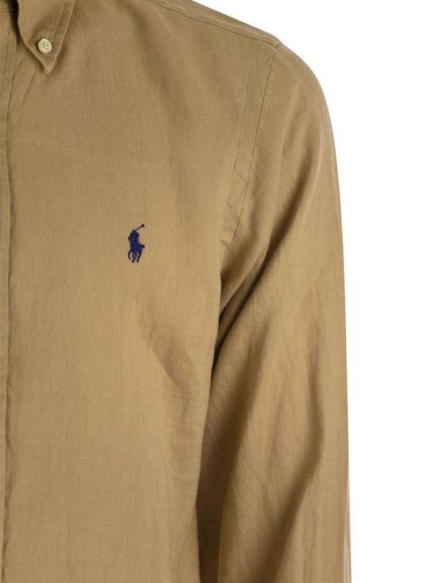 Embroidered Logo Linen Long Sleeve Shirt Brown - POLO RALPH LAUREN - BALAAN 5