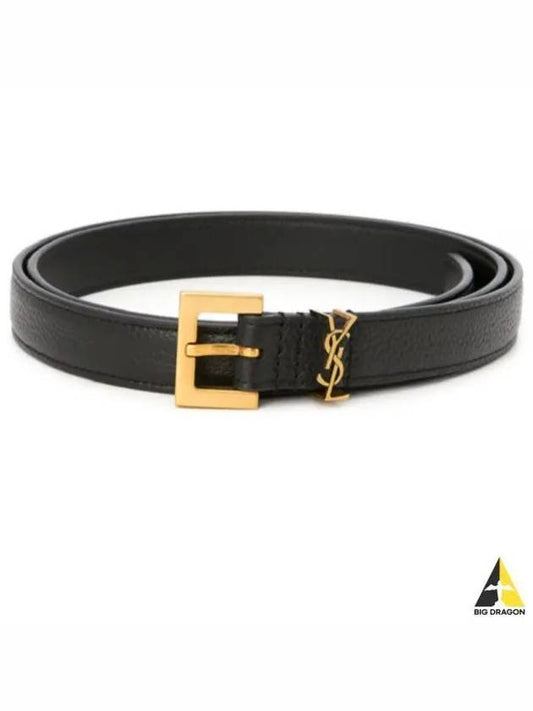 Cassandre Grained Leather Square Buckle Thin Belt Black - SAINT LAURENT - BALAAN 2