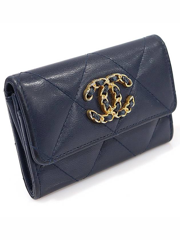 AP1790 Navy Lambskin Gold CC Logo 19 Flap Card Wallet 30s - CHANEL - BALAAN 3