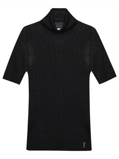 Rib Silk Monogram Short Sleeve Turtleneck Black - SAINT LAURENT - BALAAN 2