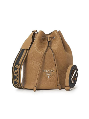 Logo Flo Leather Bucket Bag Caramel - PRADA - BALAAN 1