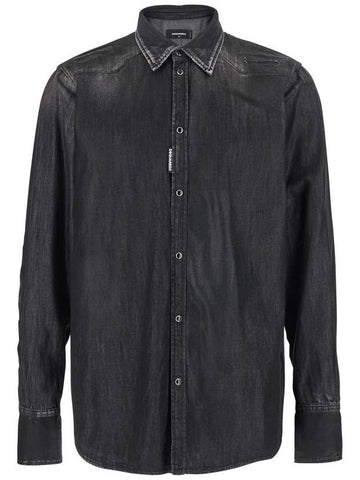 'Classic Western' Black Shirt With Distressed Details In Cotton Man - DSQUARED2 - BALAAN 1