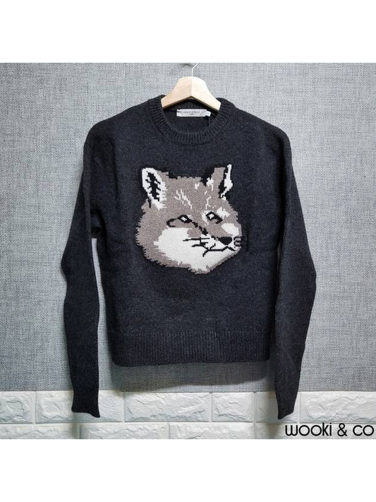 Women's Foxhead Intarsia Knit Top Dark Gray - MAISON KITSUNE - BALAAN.