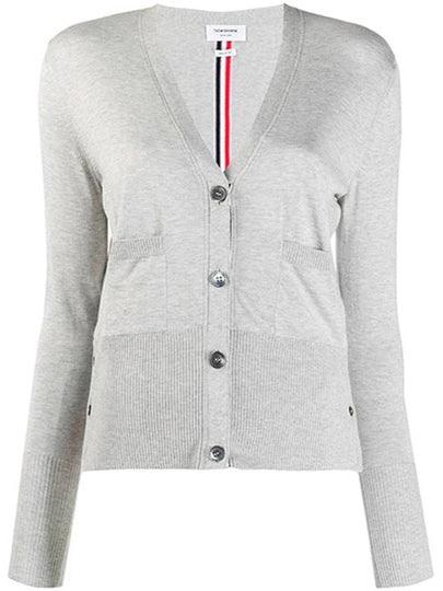 Silk Cotton Blend Relaxed V-Neck Cardigan Light Grey - THOM BROWNE - BALAAN 2