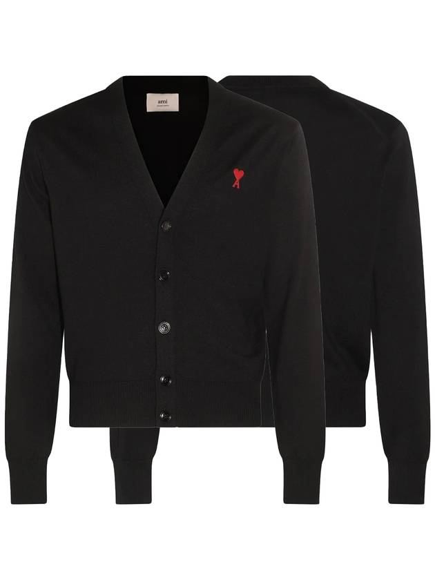 Red Heart Logo Merino Wool Cardigan Black - AMI - BALAAN 2