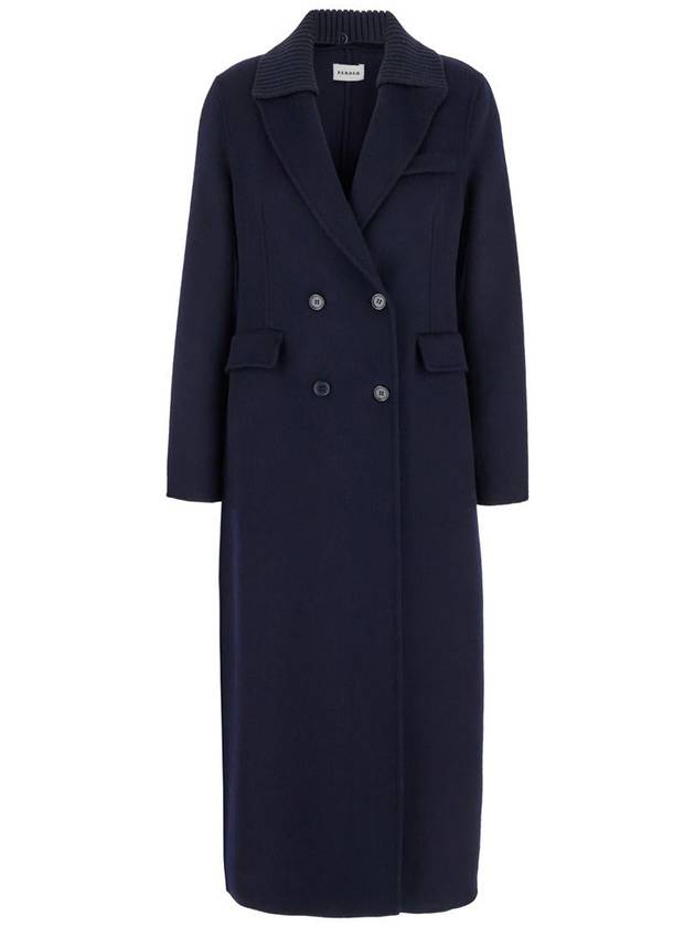 Long Blue Double-Breasted Coat With Ribbed Revers In Wool Woman - P.A.R.O.S.H. - BALAAN 1