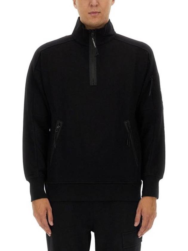 Diagonal Raised Fleece Half Zipped Sweatshirt Black - CP COMPANY - BALAAN 4