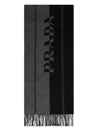 Jacquard Logo Small Wool Scarf Grey Black - PRADA - BALAAN 1