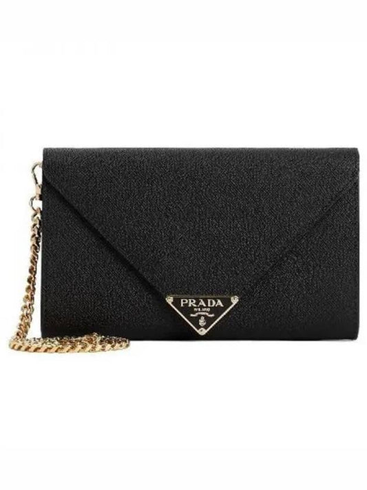 Triangle Logo Saffiano Chain Clutch Bag Black - PRADA - BALAAN 2