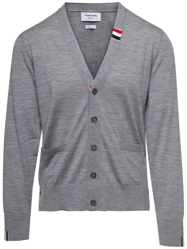 Men's Jersey Stitch V-Neck Cardigan Light Grey - THOM BROWNE - BALAAN 2