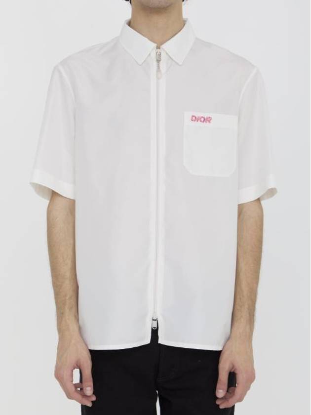 Embroidered Logo Patch Zipper Short Sleeve Shirt White - DIOR - BALAAN 1