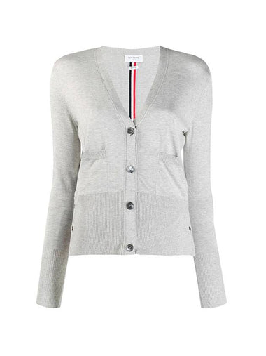 Silk Cotton Blend Relaxed V-Neck Cardigan Light Grey - THOM BROWNE - BALAAN 1