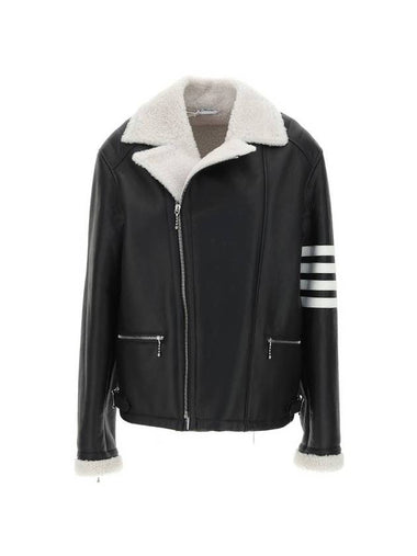 Reverse Shearling Perfec 4 Bar Leather Biker Jacket Black - THOM BROWNE - BALAAN 1