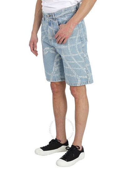 GCDS Men's New Light Blue Chain-print Denim Shorts, Wiast Size 34