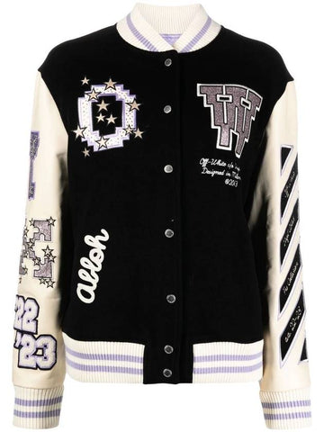 Women's Bling Patches Varsity Bomber Jacket Black - OFF WHITE - BALAAN 1