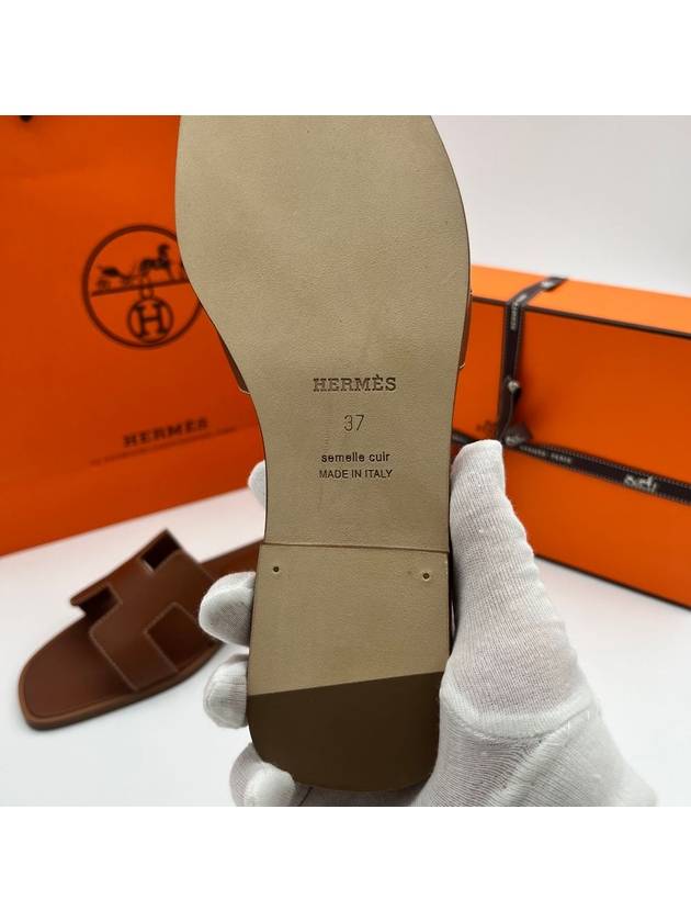 Oran Calfskin Slippers Gold Piqures Ecrues - HERMES - BALAAN 6