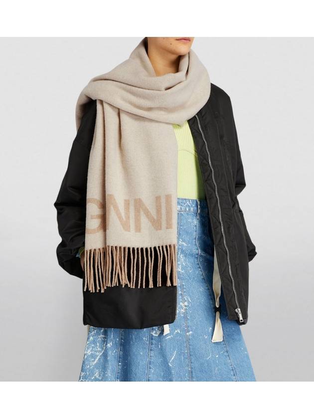 Logo Print Fringe Wool Muffler Beige - GANNI - BALAAN 8