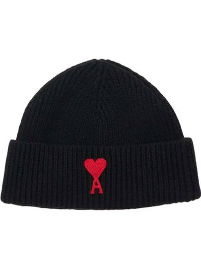 Embroidered Heart Logo Wool Beanie Black - AMI - BALAAN 2