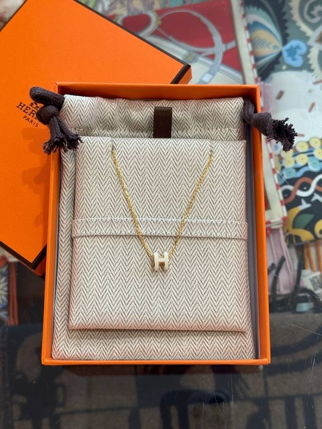 Mini Pop H Pendant Necklace Gold Blanc White - HERMES - BALAAN 2