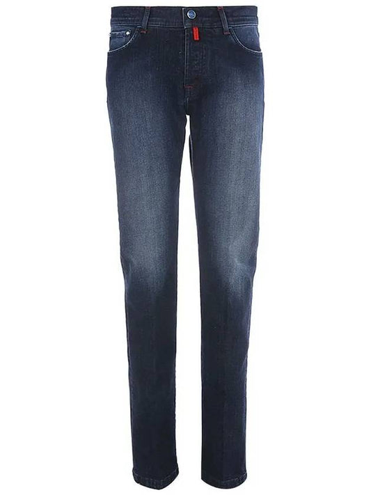 logo tab slim fit jeans indigo - KITON - BALAAN.