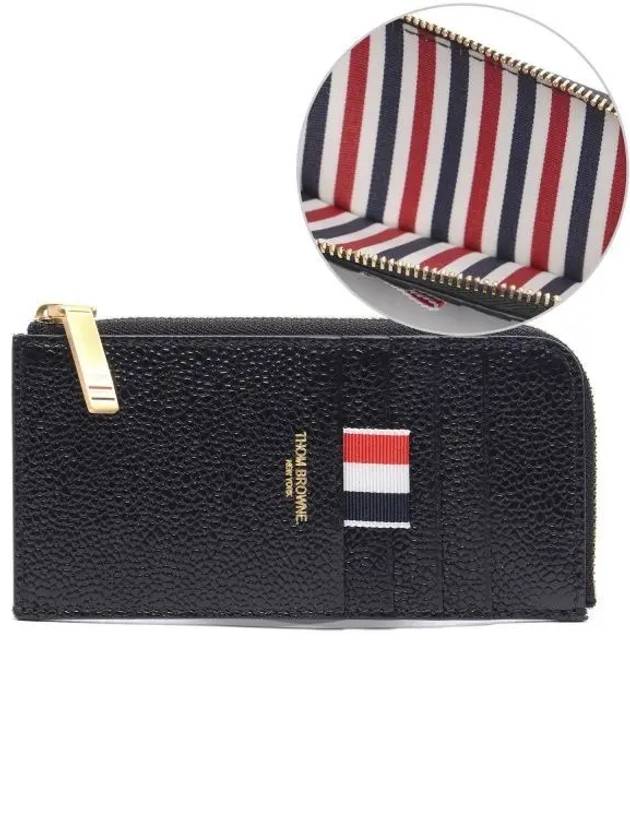 Stripe Zip Around Pebble Grain Leather Card Wallet Black - THOM BROWNE - BALAAN 2