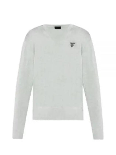 Logo Silk V-Neck Knit Top Grey - PRADA - BALAAN 2