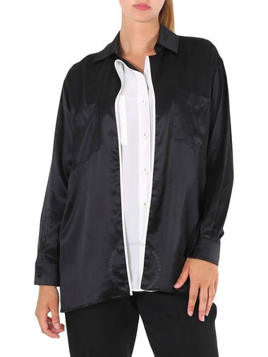 Burberry Ladies Black Logo Applique Silk Satin Long Sleeve Shirt, Brand Size 8 (US Size 6) - BURBERRY - BALAAN 1