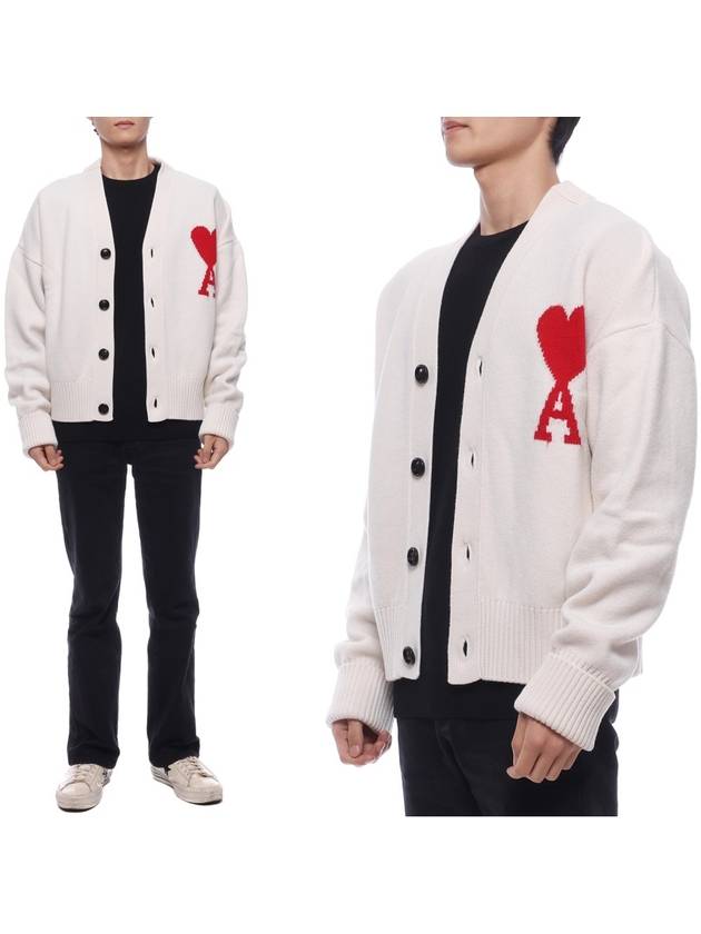 Big Heart Logo Oversized Intarsia Cardigan White - AMI - BALAAN 3