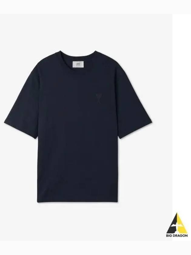 Heart Logo Cotton Jersey Short Sleeve T-Shirt Navy - AMI - BALAAN 2