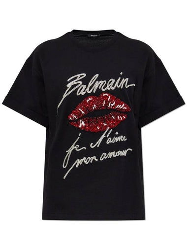 Balmain T-shirt With Shimmering Appliqués, Women's, Black - BALMAIN - BALAAN 1