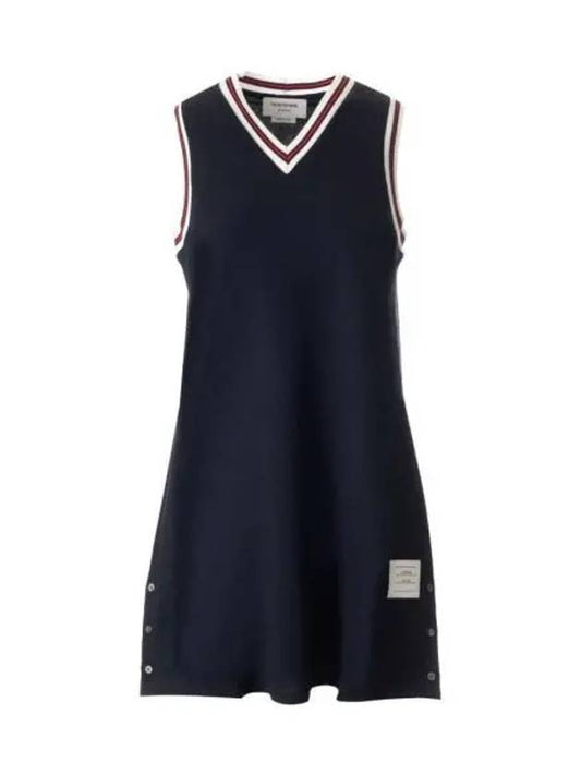 Women's Classic Pique Stripe V-Neck Cotton Tennis Dress Navy - THOM BROWNE - BALAAN 2