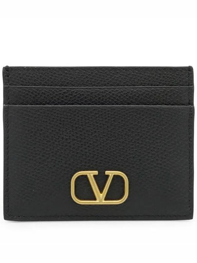 V Logo Signature Grainy Calfskin Card Wallet Black - VALENTINO - BALAAN 2