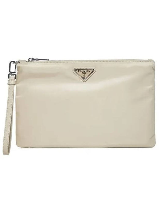 Re-Nylon and Saffiano Leather Clutch Bag Desert Beige - PRADA - BALAAN.