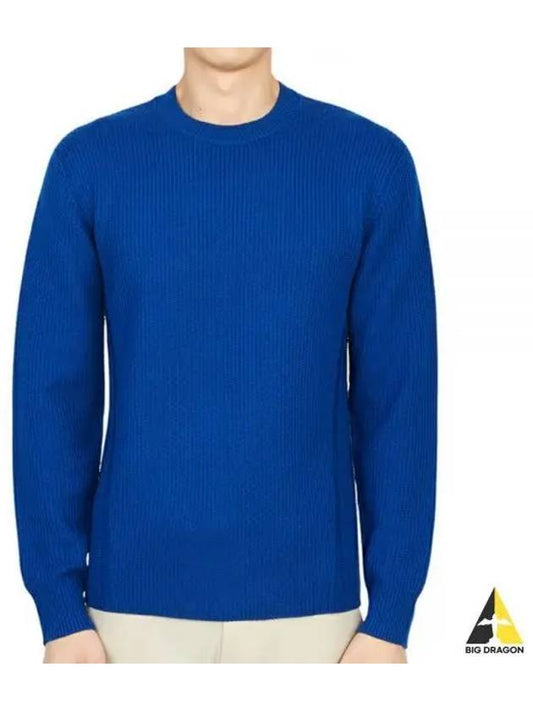 Men's Crew Neck Wool Knit Tab Blue - THEORY - BALAAN.