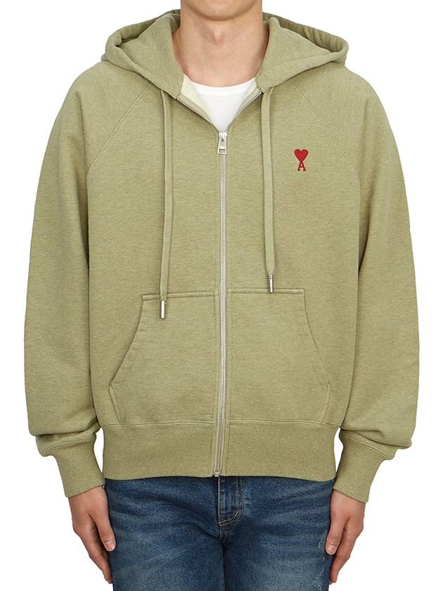 Small Heart Logo Cotton Zip Up Hoodie Green - AMI - BALAAN 3