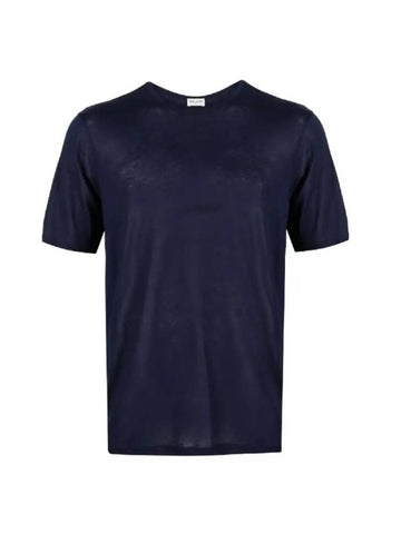 Basic Short Sleeve T-Shirt Blue - SAINT LAURENT - BALAAN 1