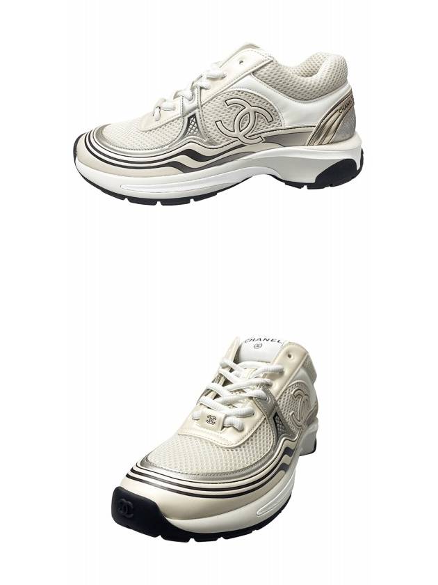 Women CC Logo Fabric Laminated Low Top Sneakers Silver Ivory - CHANEL - BALAAN 5