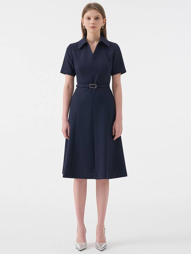 Women's Colia Open Collar Belted Midi Dress Navy - AME - BALAAN 5