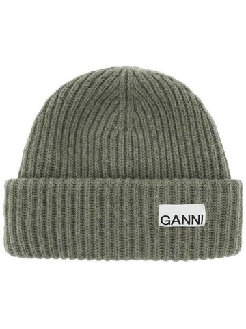 Oversized Wool Beanie Dusty Olive - GANNI - BALAAN.