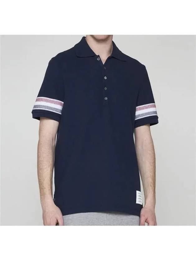 Men's RWB Stripe Cotton Polo Shirt Navy - THOM BROWNE - BALAAN 4