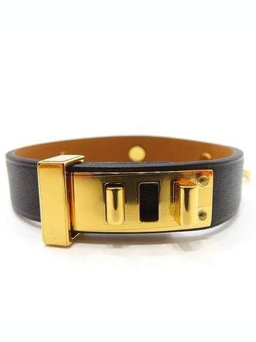 MINI DOG black leather gold ring buckle bracelet - HERMES - BALAAN 1