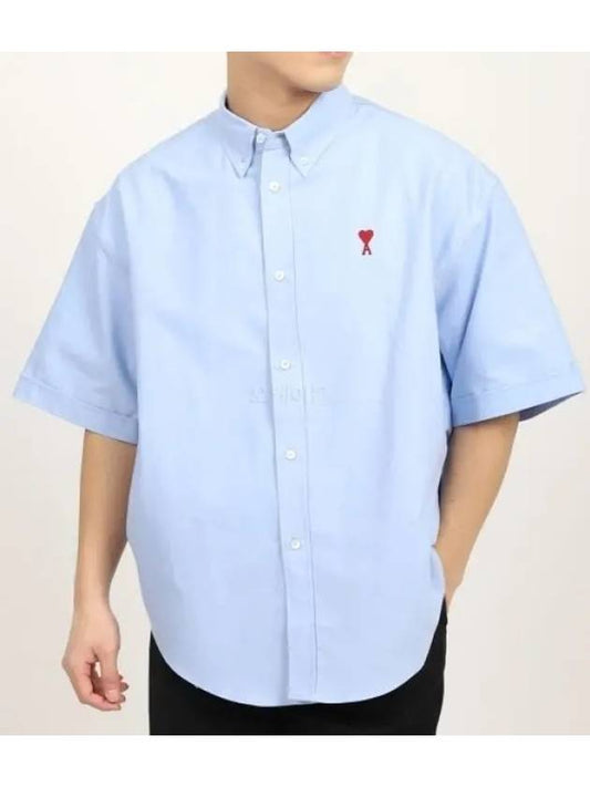 Men's Boxy Fit Embroidered Logo Short Sleeve Shirt Light Blue - AMI - BALAAN 2