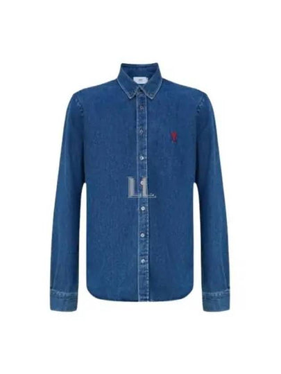 Heart Logo Button Down Denim Long Sleeve Shirt Navy - AMI - BALAAN 2