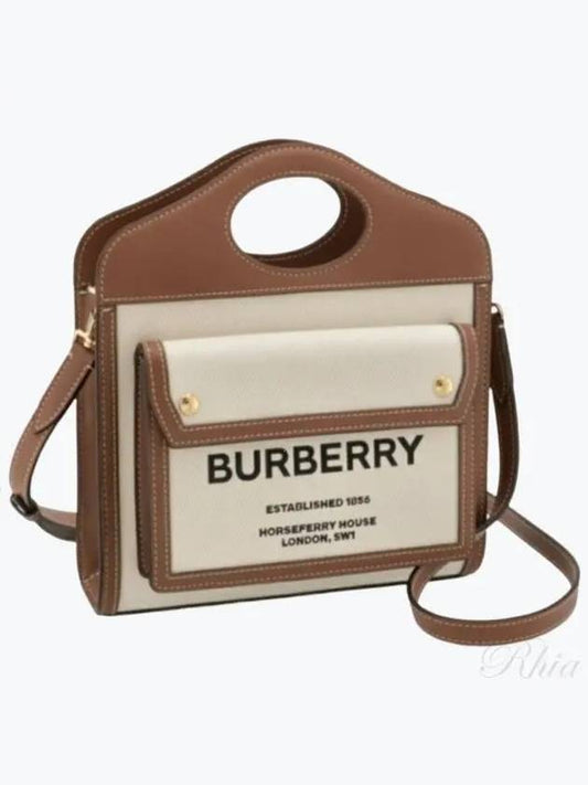 Mini Two-Tone Canvas And Leather Pocket Bag Natural Malt Brown - BURBERRY - BALAAN 2