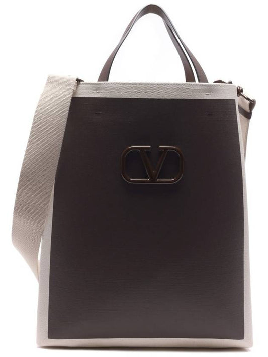 V Logo Signature Canvas Tote Bag Natural Brown - VALENTINO - BALAAN 2