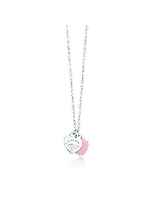 Double Heart Tag Pendant Necklace Silver Pink - TIFFANY & CO. - BALAAN.