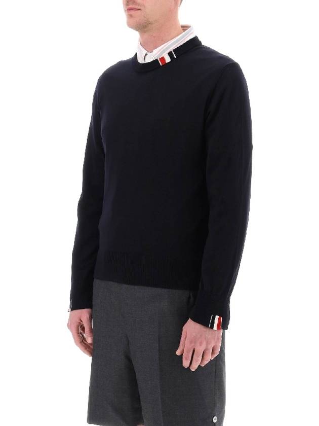 Intarsia Stitch Crew Neck Merino Wool Knit Top Navy - THOM BROWNE - BALAAN 6